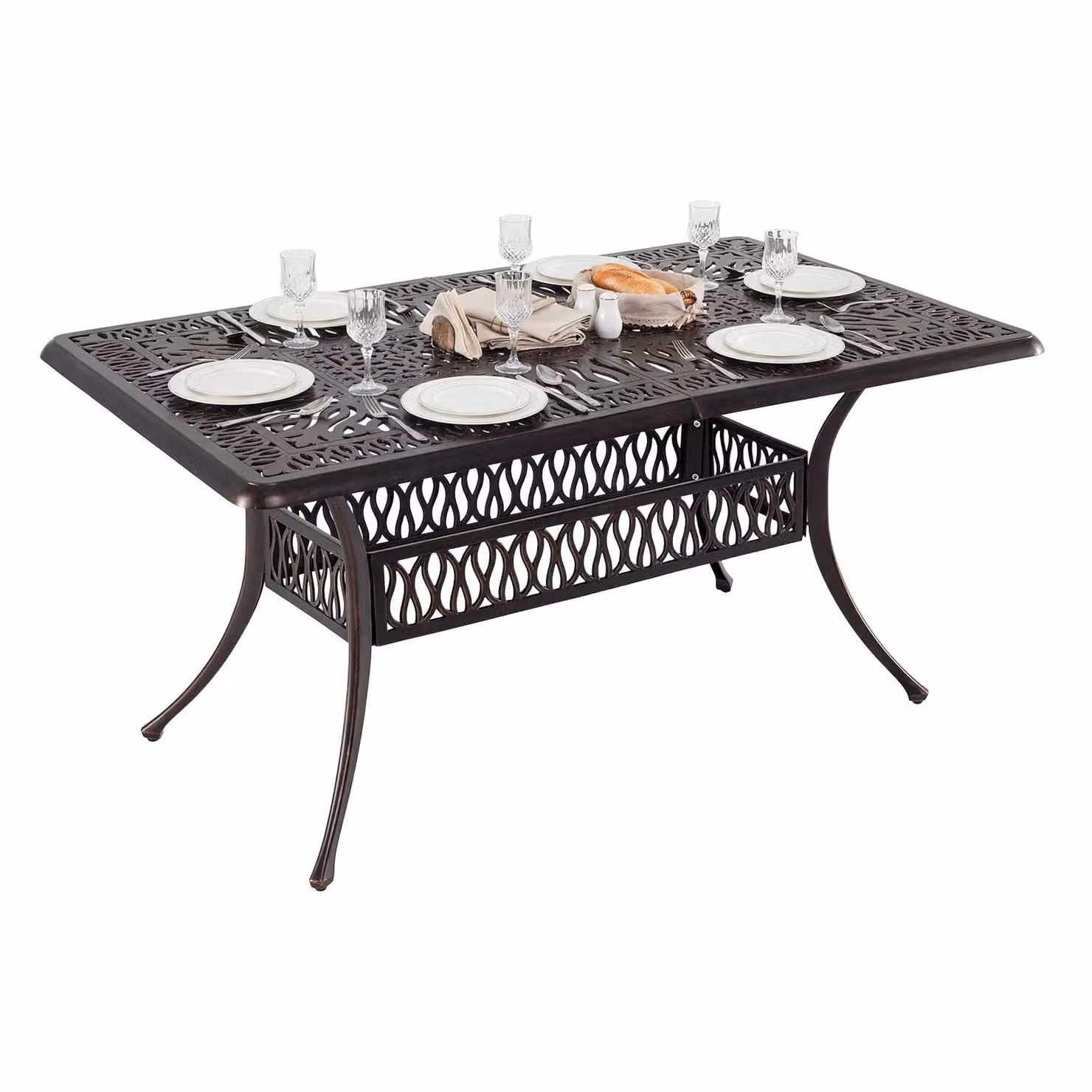 Tavolo da giardino COSTWAY 151x91 cm, tavolo da terrazza in fusione di alluminio con foro per ombrellone, tavolo rettangolare da balcone per 6 persone, tavolo da pranzo per giardino e balcone