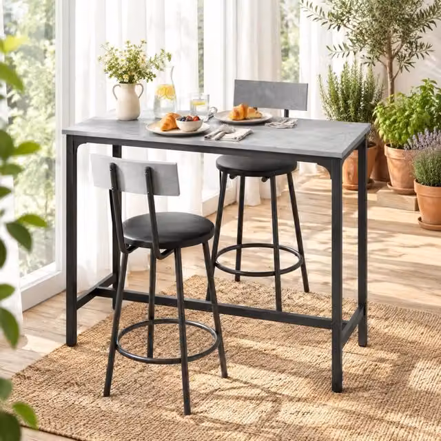 Set Tavolo Bar con 2 Sgabelli Imbottiti Grigio per Cucina e Soggiorno, Struttura in Metallo