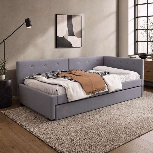Letto singolo imbottito 90x200 cm con letto estraibile; velluto grigio e rete a doghe