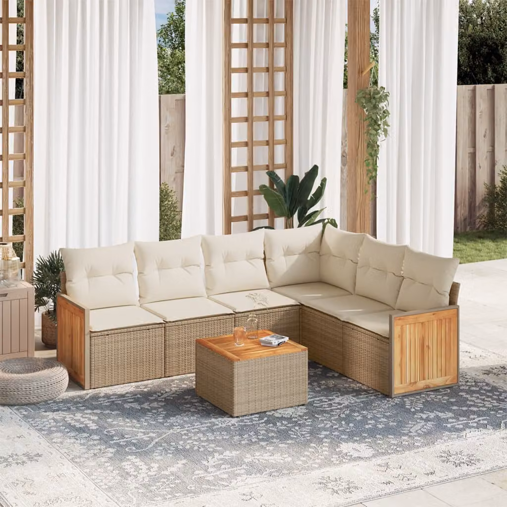 Set di divani da giardino vidaXL in polyrattan beige con cuscini e tavolino da esterno a forma di L – 1