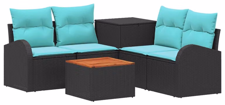 Set di divani da esterno, 6 pezzi, colore nero e blu, realizzato in rattan sintetico e acciaio