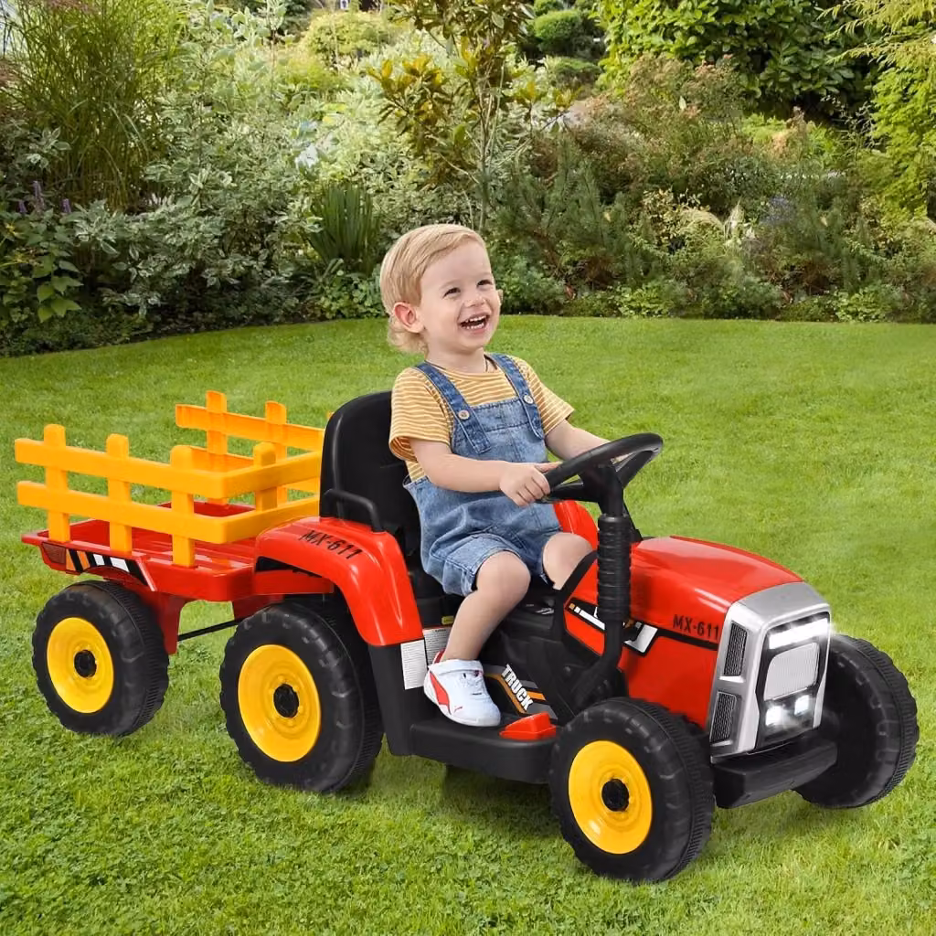 Costway Trattore Giocattolo Elettrico con Rimorchio 12V per Bambini, Rosso, con Luci, Suoni e Telecomando – 2