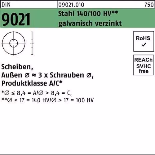 Rondelle Reyher DIN 9021 acciaio 4.3 galv. vz 090210109043000 (500 pezzi)
