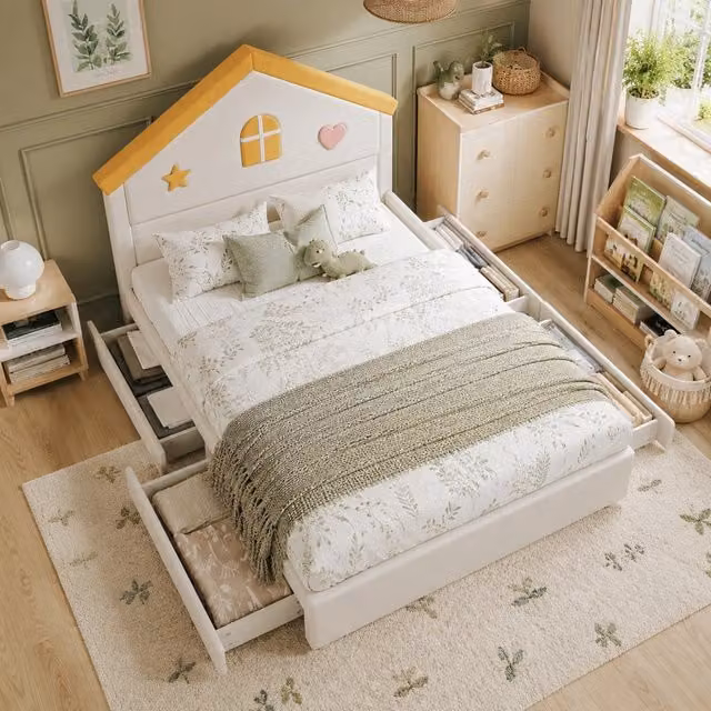 Letto a casetta per bambini 140x200 cm; imbottito in velluto beige con 4 cassetti per cameretta