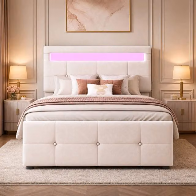 Letto bimbi imbottito 90x200 beige LED, contenitore idraulico, senza materasso