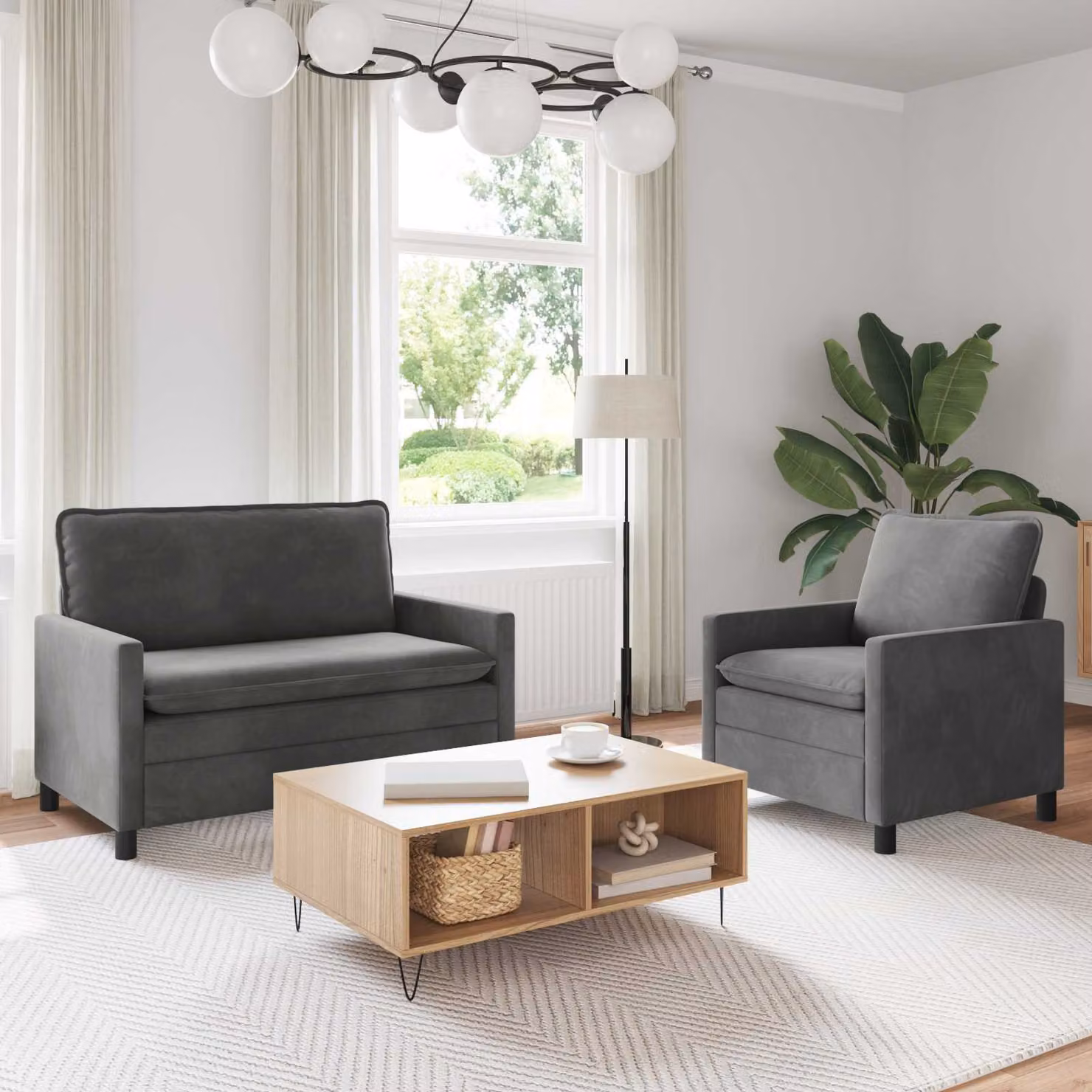 Set di 2 divani moderni vidaXL in velluto grigio scuro con struttura in metallo e cuscini inclusi