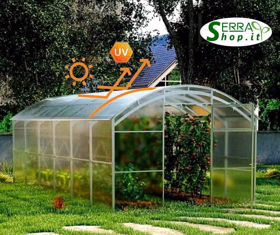 Serra BoxSer con copertura in policarbonato alveolare da 6mm e struttura in acciaio zincato, L: 10 m, P: 3 m, H: 2,2 m – 2