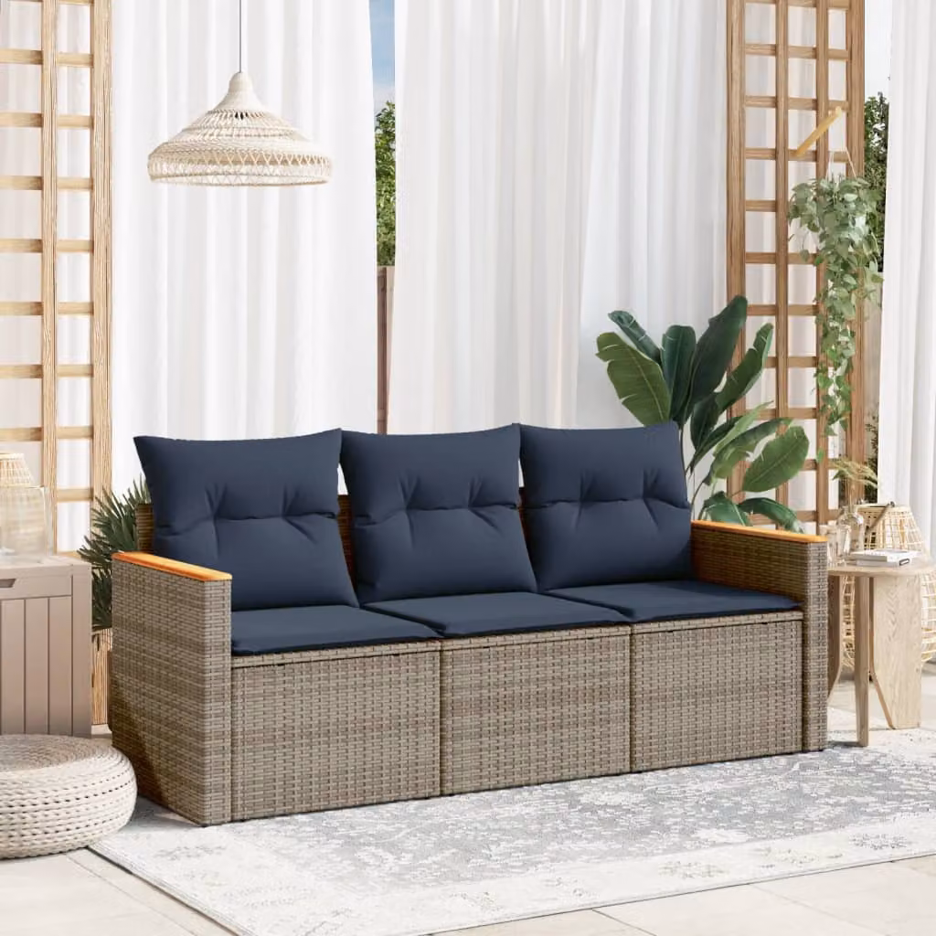 Set di divani da giardino vidaXL in polyrattan grigio con cuscini e struttura in acciaio, composto da un divano a 3 posti, un divano a 2 posti e un elemento angolare