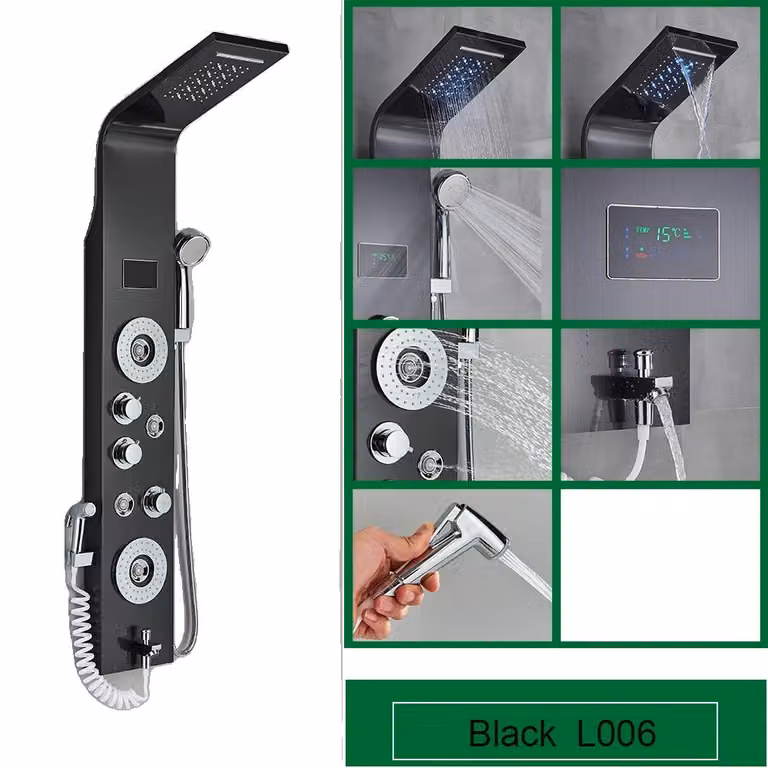 Pannello doccia per bagno, display a LED della temperatura, getti massaggianti SPA, nero 8006