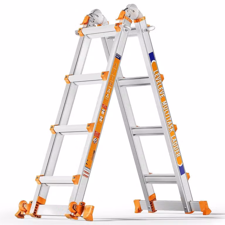 Scala multiuso a 4 gradini, altezza 4,27 metri, in alluminio, con barra stabilizzatrice e ruote, capacità di carico 150 kg