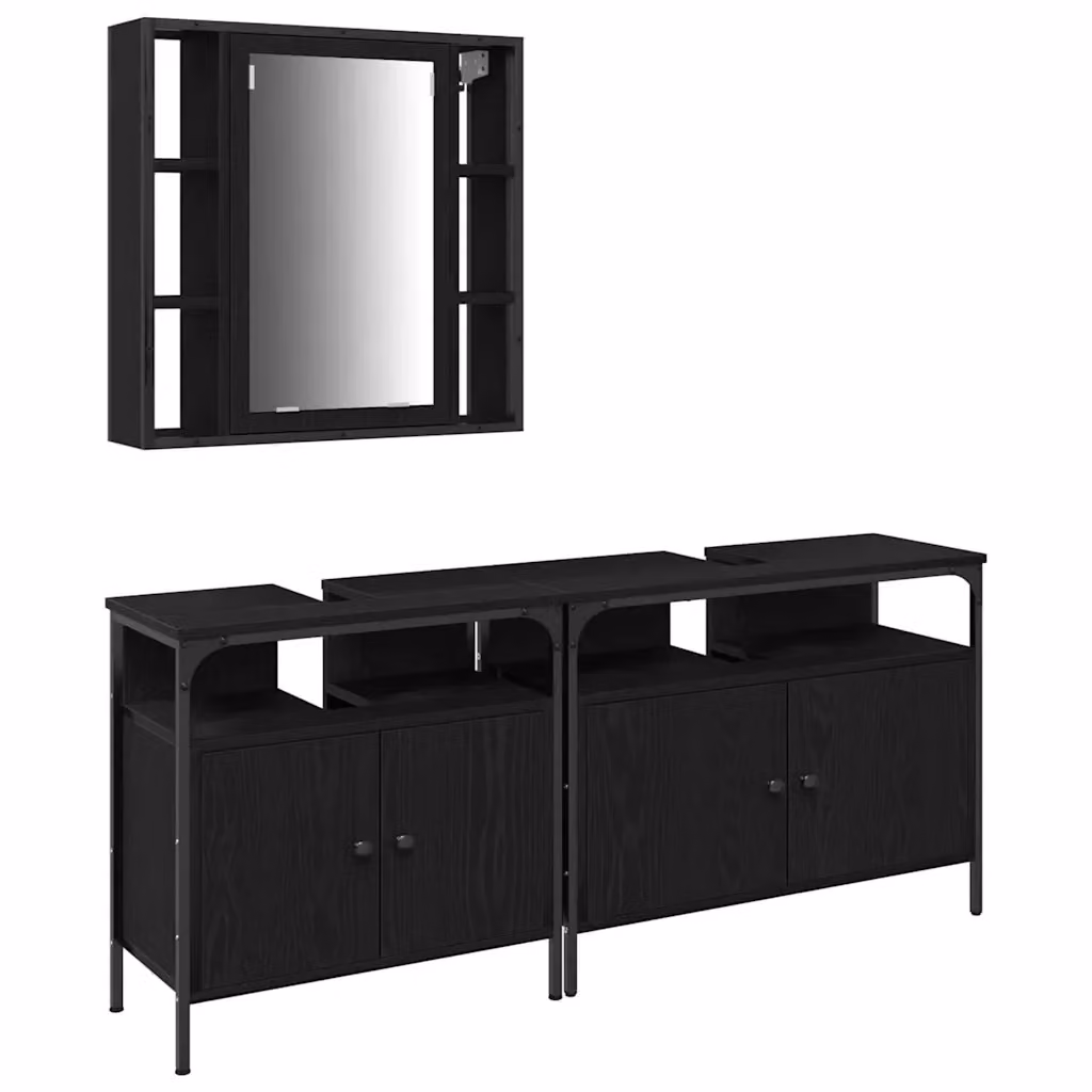 Set da bagno vidaXL composto da mobile lavabo e armadietto con specchio nero opaco in MDF e vetro, L 80 cm x P 30 cm x H 60 cm – 2
