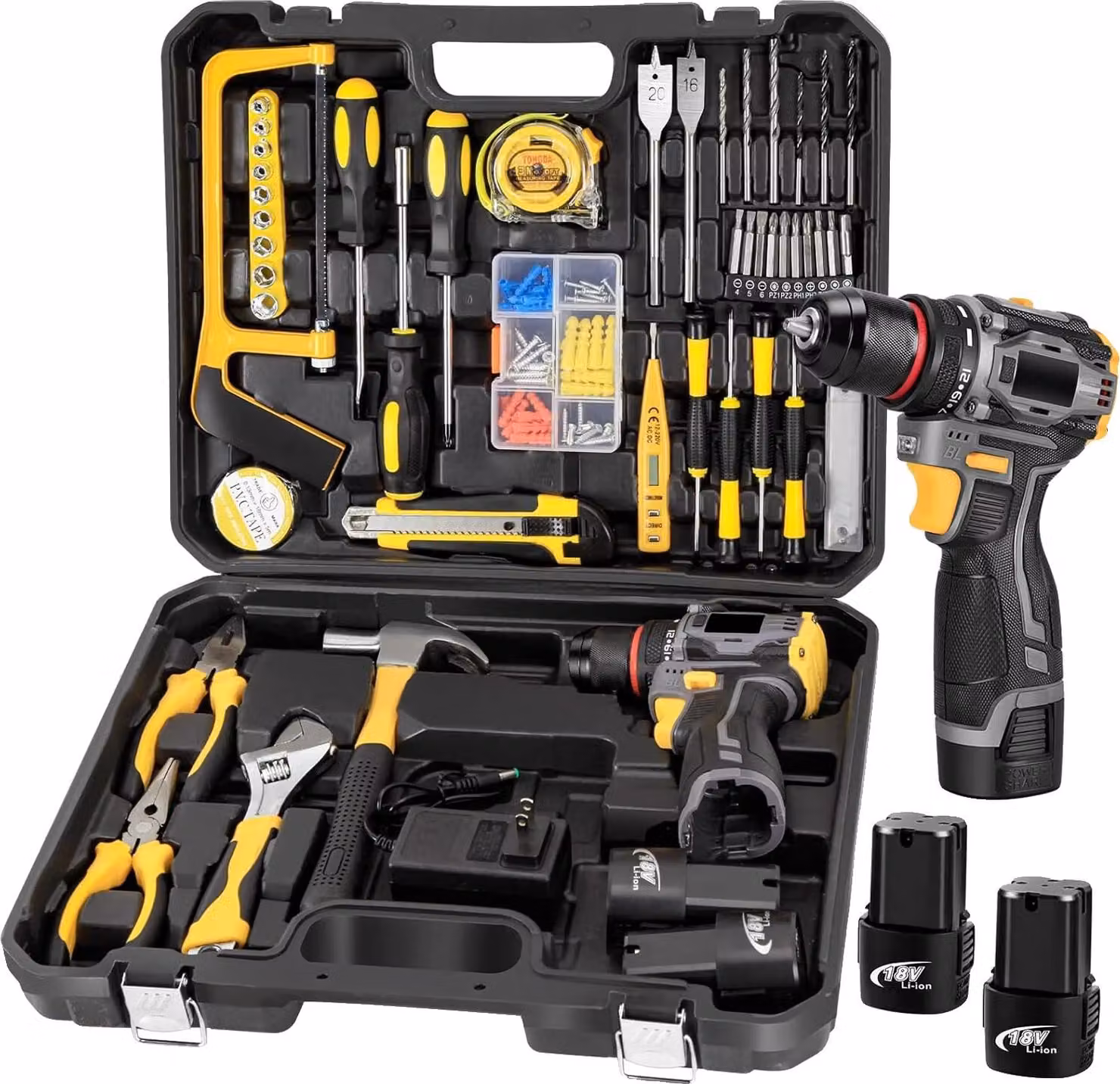 Set di trapani a batteria, motore senza spazzole, set di utensili da 120 pezzi, con batteria 2X