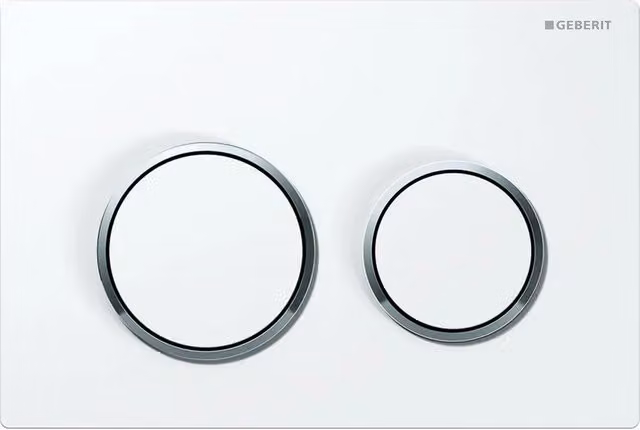 Placca di Comando Geberit Omega 20 a 2 Tasti con Doppio Scarico, Colore Bianco e Anelli Cromo