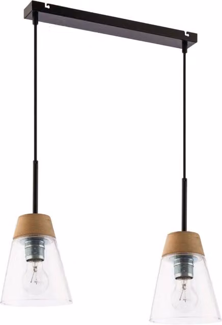 Lampada a sospensione Jupiter Collection in stile scandinavo con vetro trasparente e dettagli in legno e metallo nero, dimmabile, 2xE27
