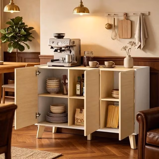 Credenza con 3 ante e 6 vani in MDF e truciolare bianca e color legno naturale 120 × 35 × 73;5 cm