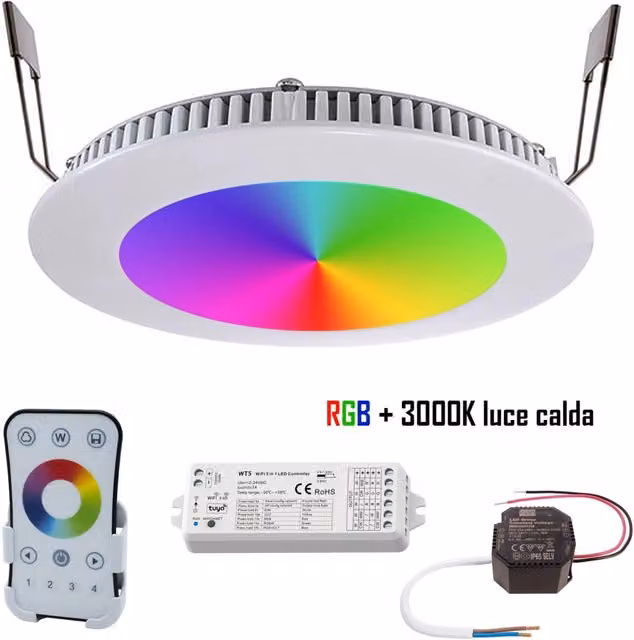 KIT cromoterapia PLANETITALY con faretto LED da incasso slim RGBW 8W multicolore, tecnologia WiFi compatibile con Alexa e Google Assistant, telecomando incluso, foro da 13 cm