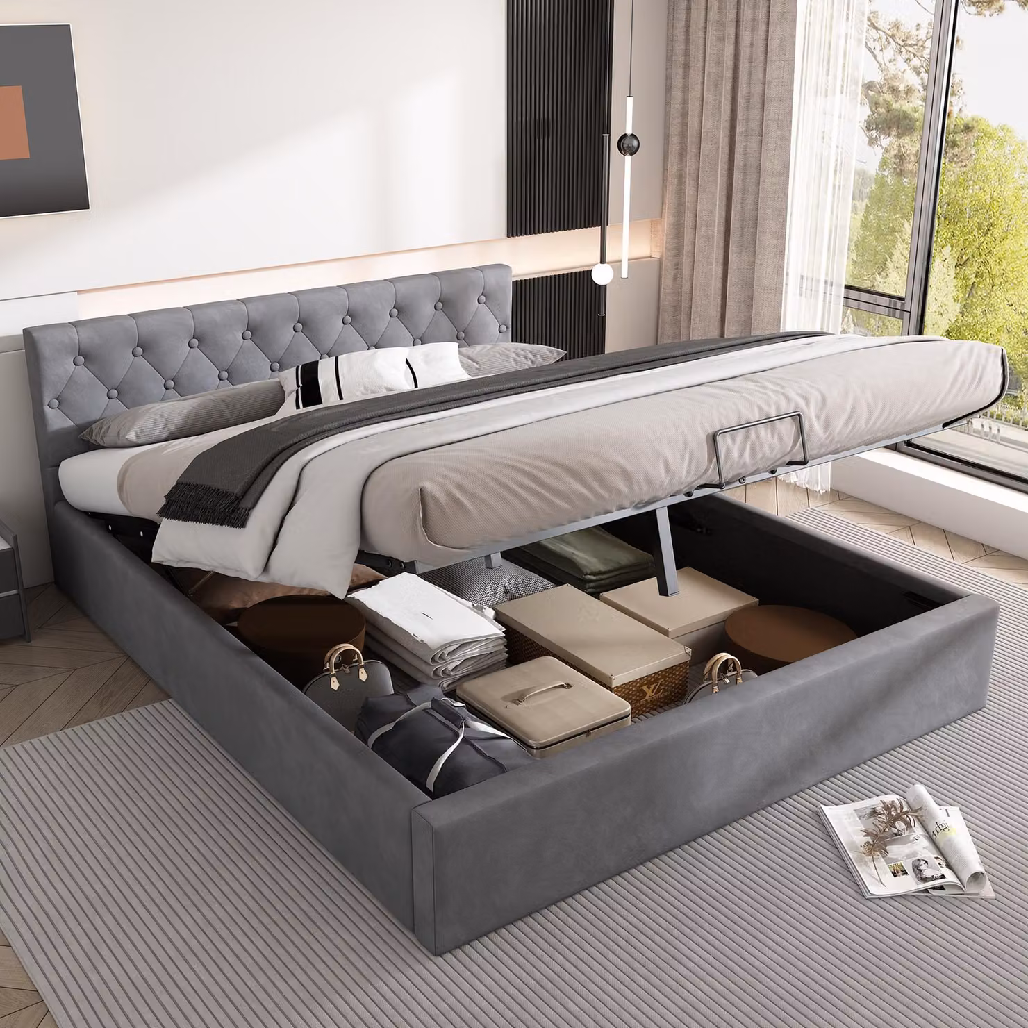Letto imbottito 140 x 200 cm con rivestimento in velluto e contenitore a sollevamento idraulico – Letto matrimoniale con testiera abbottonata e rete a doghe, letto contenitore grigio