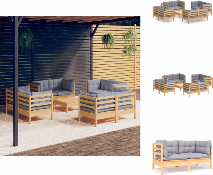 vidaXL Set 9 pezzi da giardino con cuscini grigi in legno di pino - Set di mobili da giardino