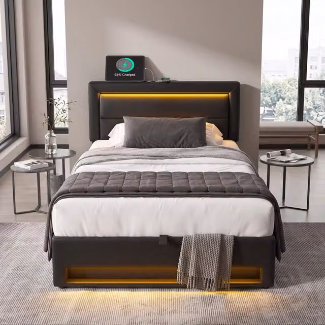 Letto imbottito 90x190 cm con ricarica USB, illuminazione LED e spazio contenitivo, nero con motivo PU litchi, senza materasso