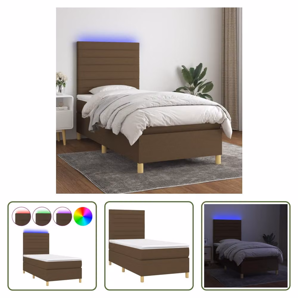 The Living Store Letto a molle con materasso e LED in tessuto marrone scuro 90x190 cm