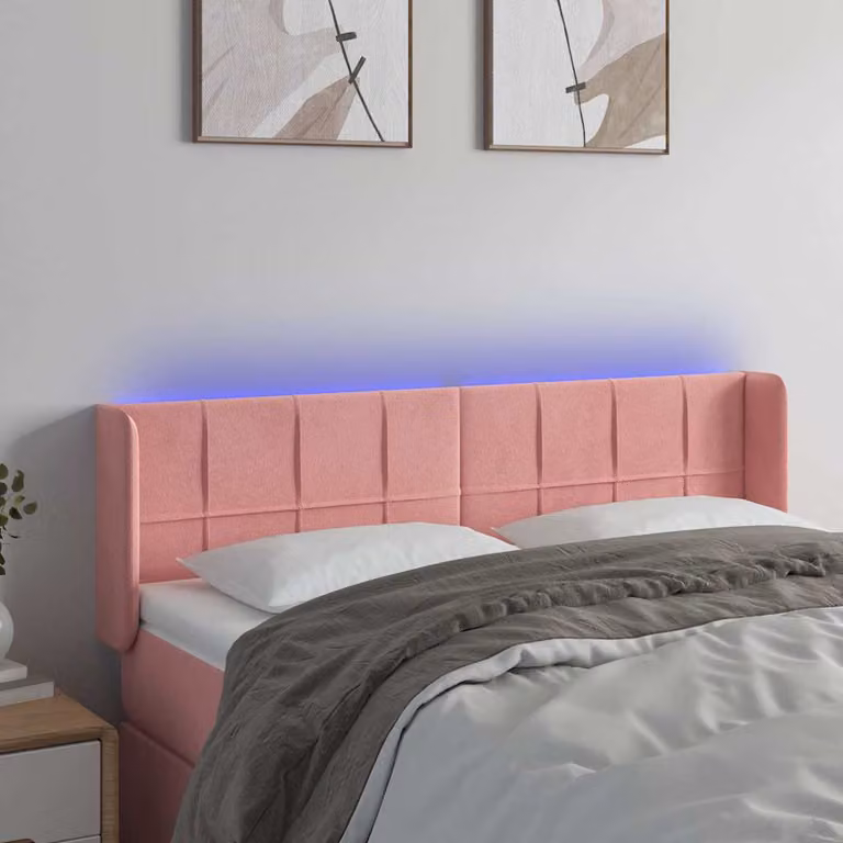 Testiera per letto vidaXL in velluto rosa con illuminazione LED e porta di ricarica USB, L 147 cm, P 16 cm, H 78-88 cm