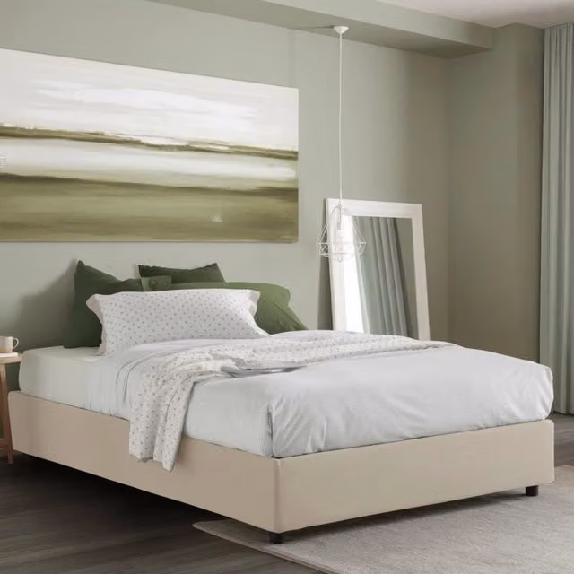 Letto matrimoniale contenitore Alaksir Talamo Italia con rivestimento in tessuto beige e materasso incluso 140x200 cm