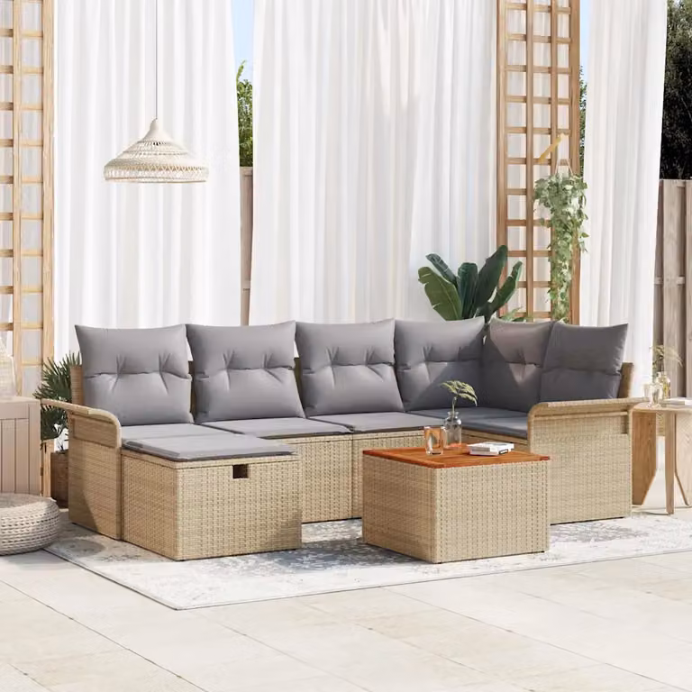 Set Divano da Giardino vidaXL 7 Pezzi Beige con Cuscini e Tavolino in Polyrattan e Acciaio
