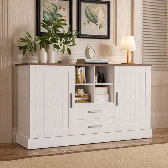 Credenza moderna con 2 ante, 2 cassetti e 4 vani aperti, L/P/H: 140 x 40 x 79.5 cm