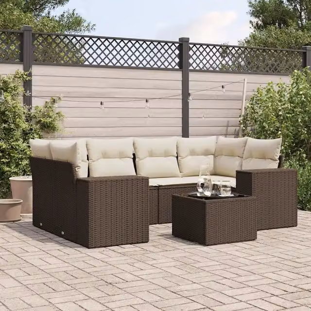 Set Divani da Giardino 7 pz con Cuscini Marrone in Polyrattan 3222322