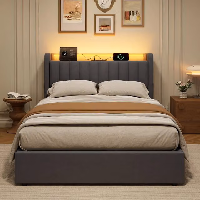 Letto matrimoniale imbottito 140x190 cm grigio scuro in velluto con contenitore, USB e luce ambientale