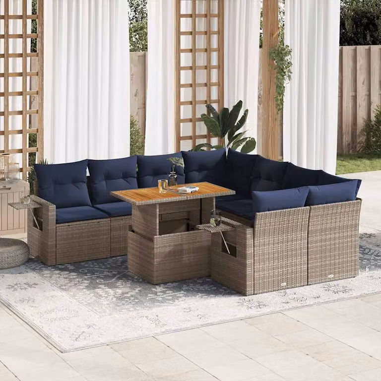 Set Divano da Giardino vidaXL 9 pz a Forma a U in Polyrattan Grigio con Cuscini e Tavolino da Esterno