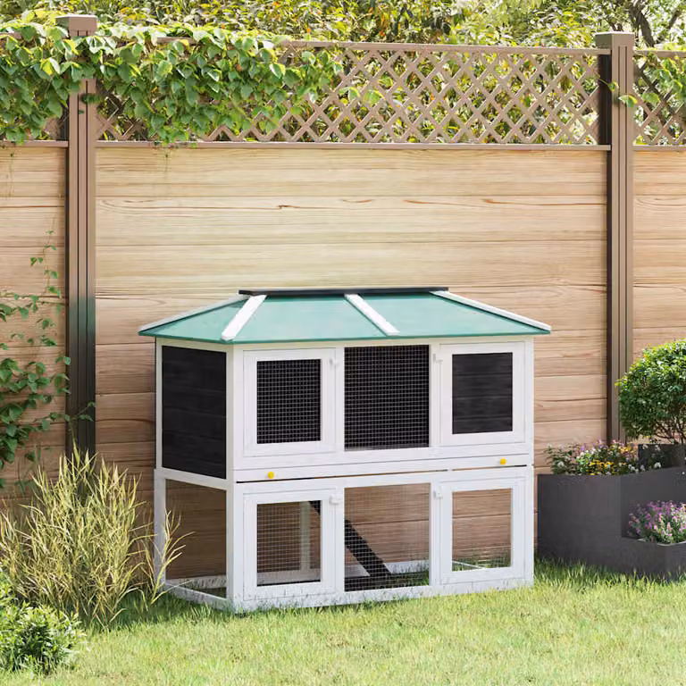 vidaXL Conigliera in legno a due piani per piccoli animali, resistente alle intemperie, bianco e verde, L: 105 cm, P: 68 cm, H: 105 cm