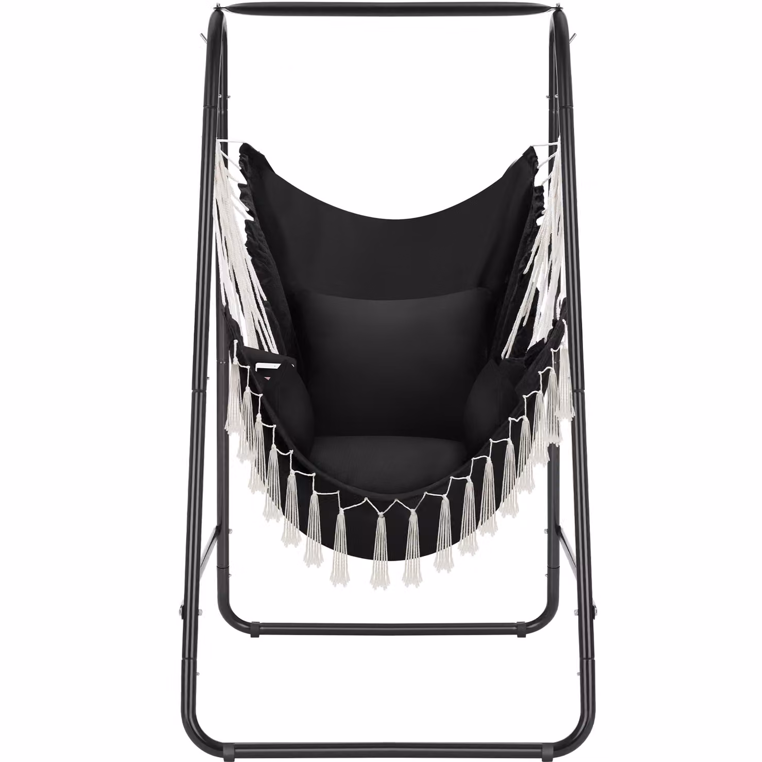 Poltrona sospesa tectake Alison in stile boho con struttura in acciaio nero e cuscini inclusi