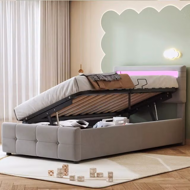 Letto contenitore Mivray con LED e testiera regolabile in velluto grigio, L/P/H: 90 x 200 cm