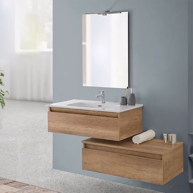 Mobile bagno sospeso 90 cm rovere naturale con base lavabo e cassetto Nadia
