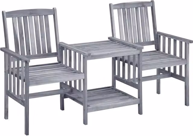 Set da giardino rustico in legno di acacia con tavolino quadrato e sedie con cuscini nei colori grigio o blu