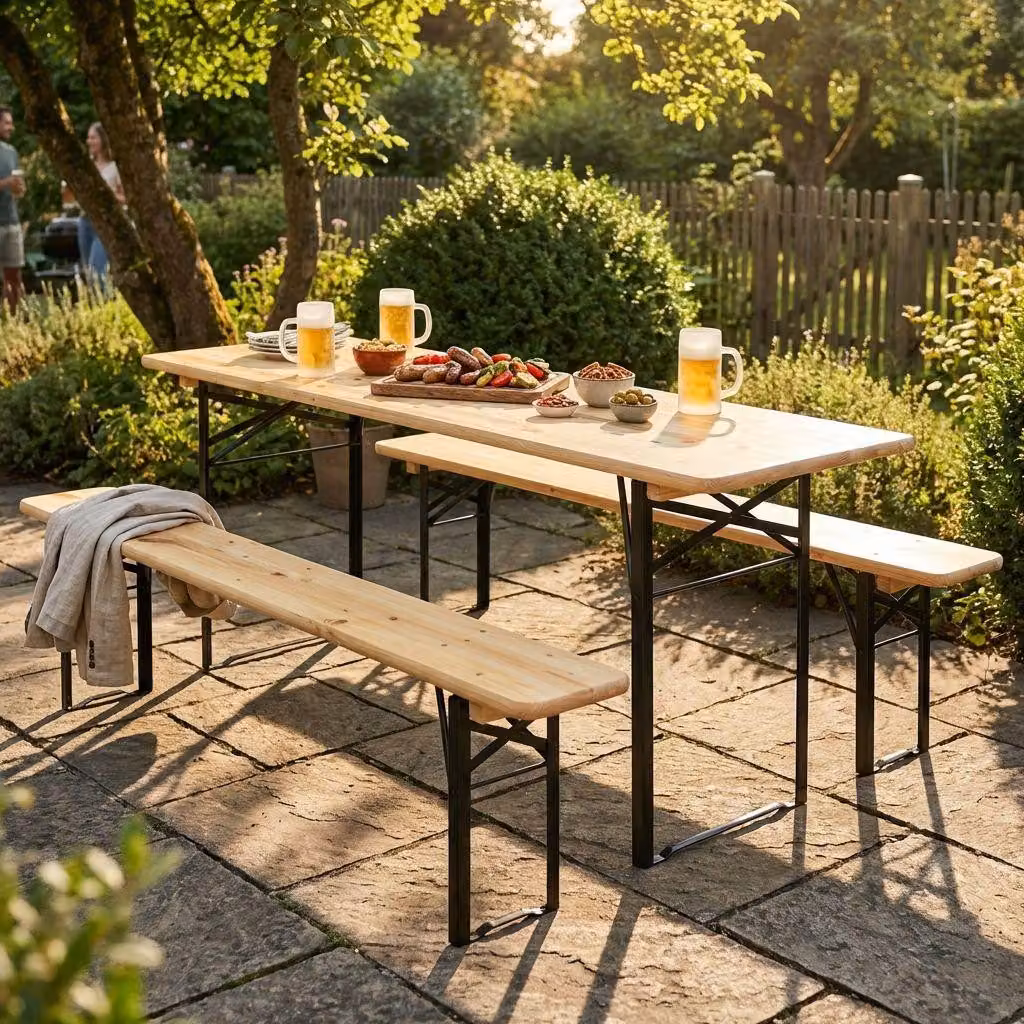 Milani Home - set birreria tavolo e panche, legno, tavolo e 2 panche tre gambe, 8 posti, marrone e verde, piano 220 x 70 cm