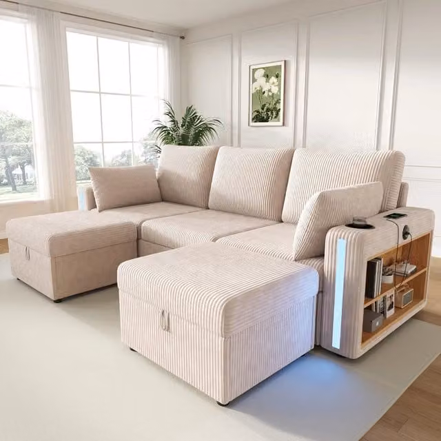 Divano angolare modulare in tessuto a coste con seduta contenitore, LED, USB e porta bicchieri beige