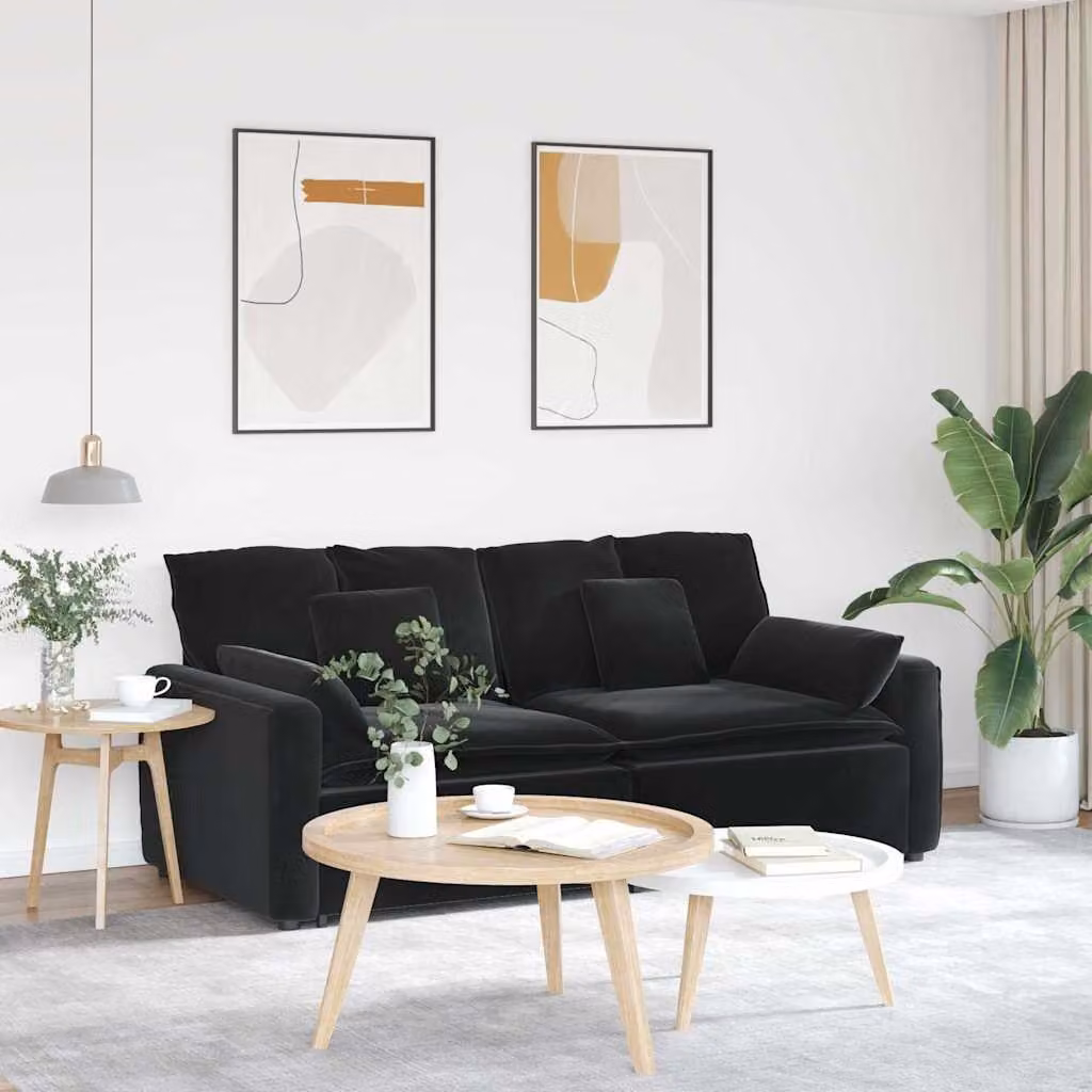 vidaXL Divano Modulare in Velluto Nero con Cuscini e Struttura in Metallo e Legno per Soggiorno