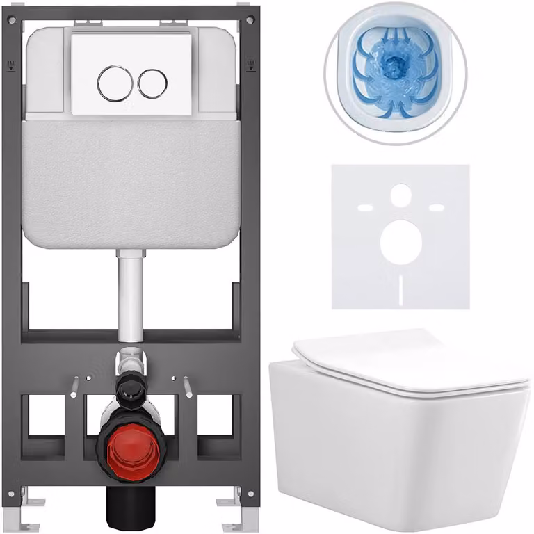 CERANO - Set WC da incasso Forte - bianco lucido - pulsante Prime/Duoalo, bianco - a pavimento - installazione a parete/cartongesso - 51x36 cm