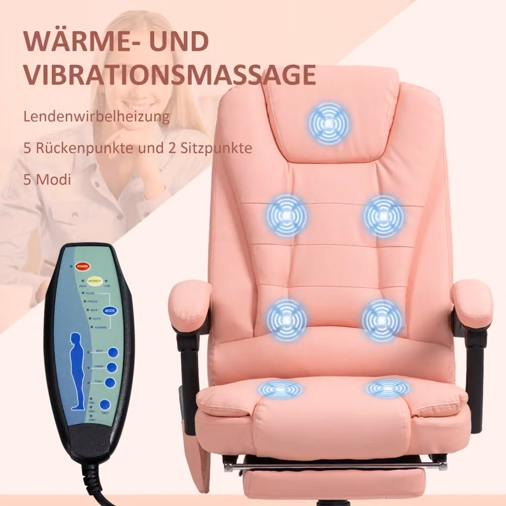 Sedia da ufficio massaggiante OKWISH in pelle rigenerata rosa con schienale reclinabile, poggiapiedi e telecomando, L/P/H: 67 x 67 x 121 cm – 2