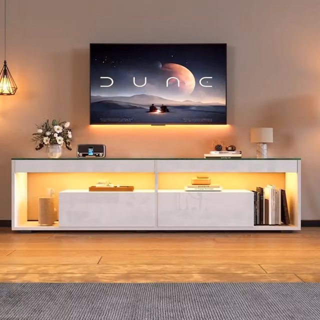 Mobile TV bianco e nero lucido con LED per TV fino a 70", 2 cassetti, consolle per soggiorno e camera da letto