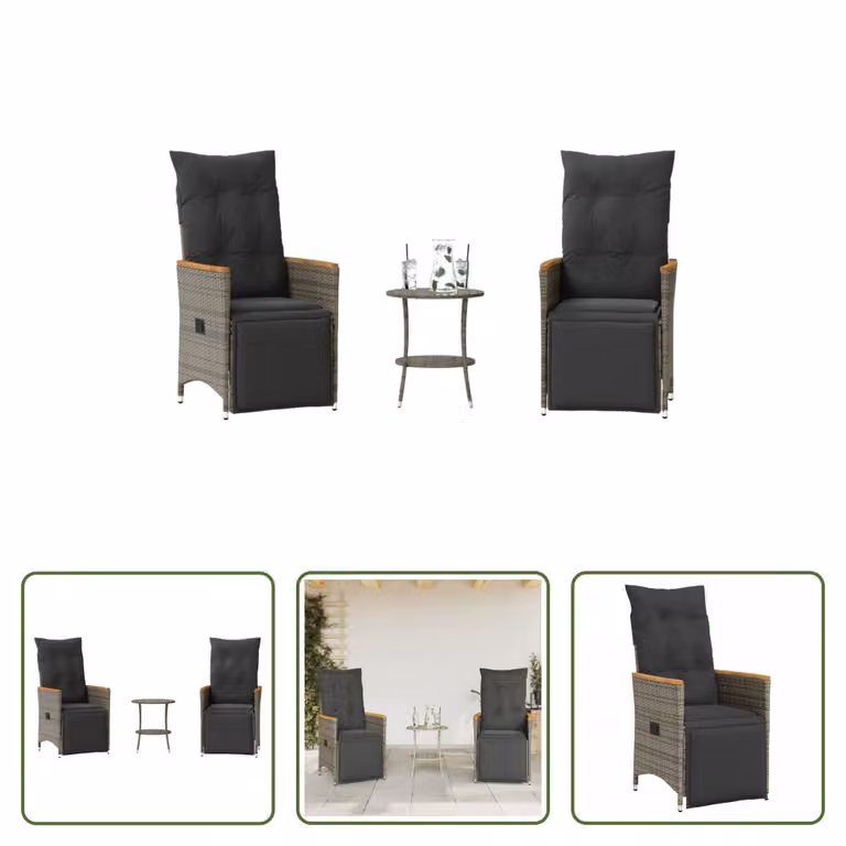 The Living Store Set bistrot 3 pezzi con cuscini in poly rattan grigio