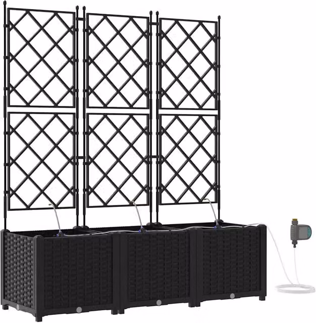 Set di 3 fioriere da giardino in plastica e acciaio inossidabile, colore nero, L/P/H: 120 x 40 x 142 cm – 1