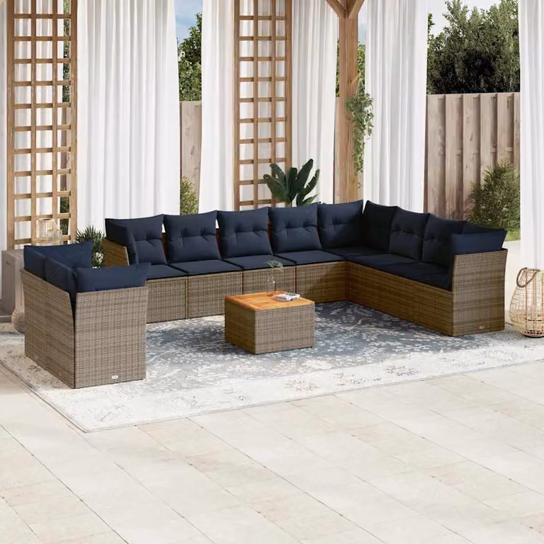 vidaXL Set Divani da Giardino 11 pz in Polyrattan Grigio con Cuscini e Tavolino da Esterno