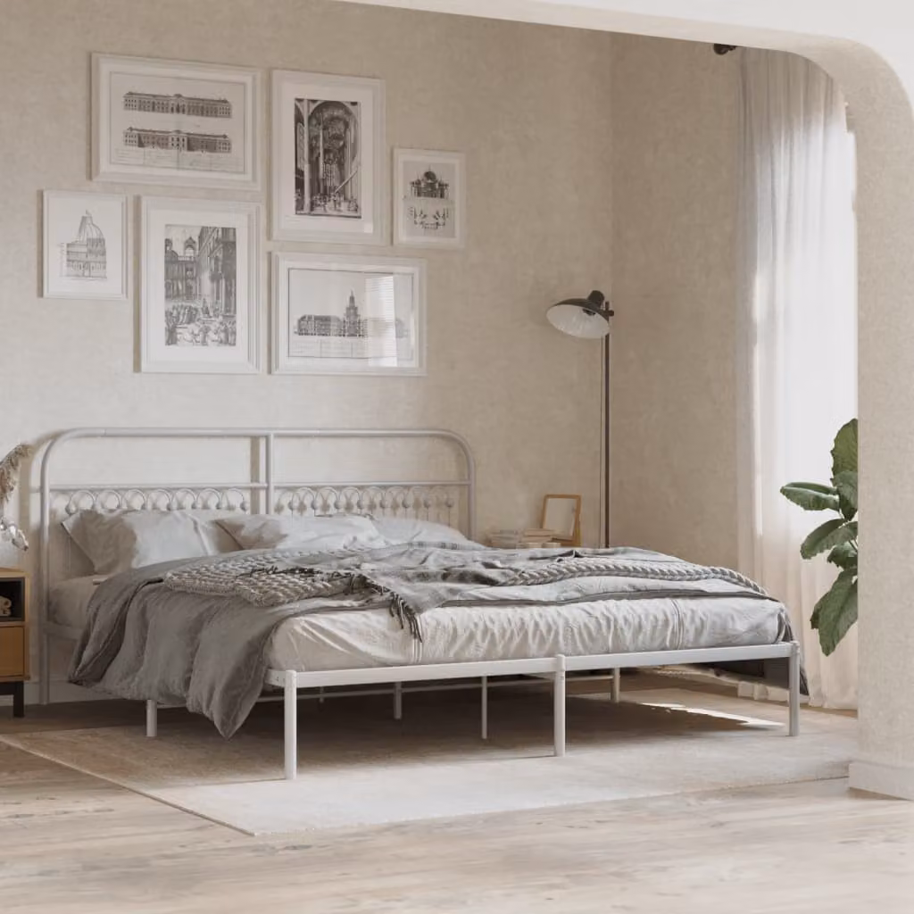 vidaXL Giroletto con Testiera in Metallo Bianco L: 187 cm, P: 219 cm, H: 100 cm