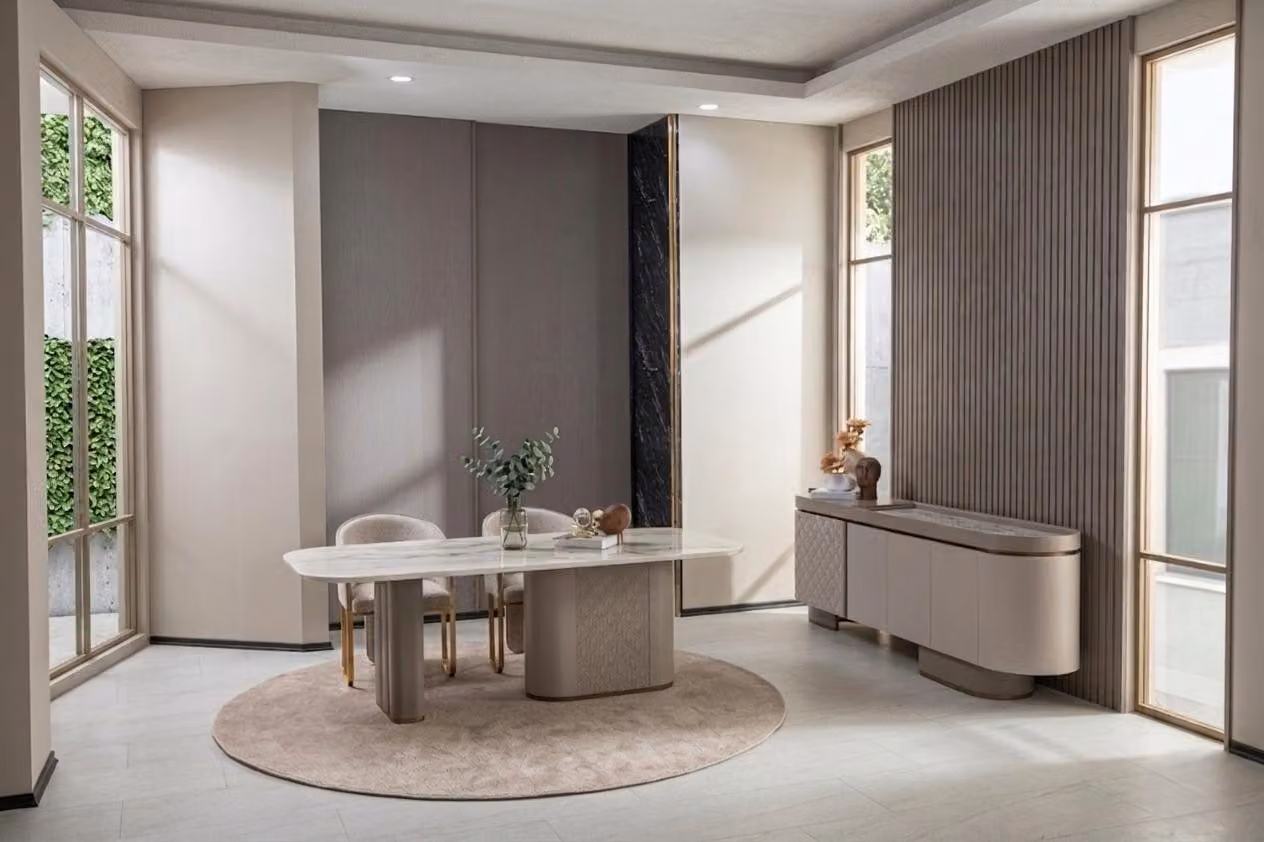 Set per sala da pranzo: tavolo, sedie, credenza. Design moderno, elegante e accogliente