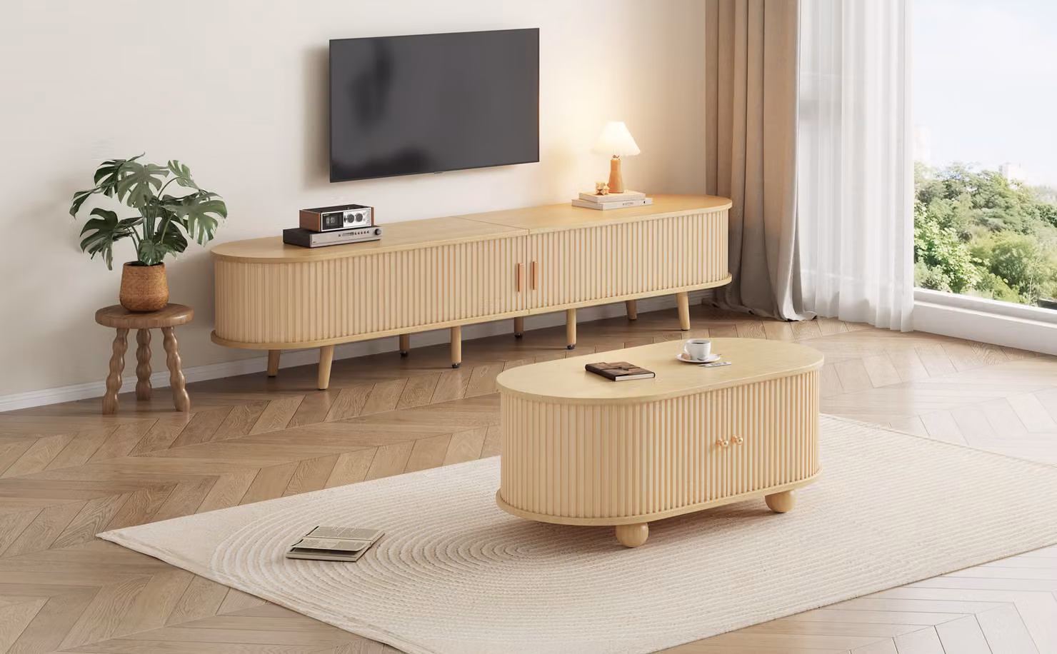 Tavolino da salotto 100 x 50 x 40 cm, 100% MDF, finitura effetto legno, forma ovale, con vano aperto per lo stoccaggio, ideale come mobile TV e tavolino da caffè