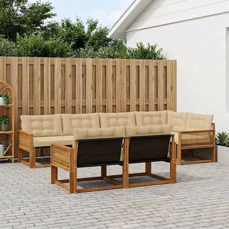 Set di divani da esterno vidaXL a forma di U composto da 7 pezzi in legno di acacia con cuscini beige e marrone