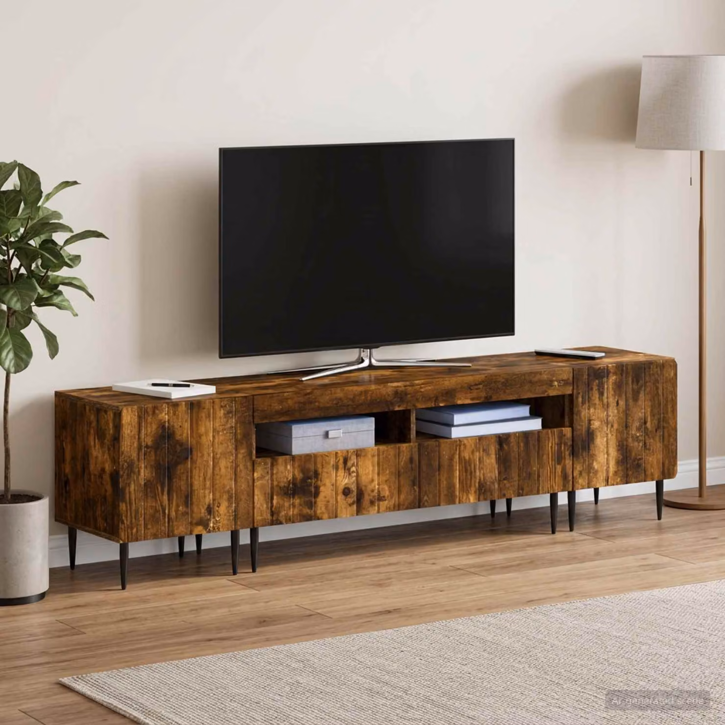 Mobile TV LED vidaXL ZWOLLE moderno in legno ingegnerizzato e MDF colore marrone con illuminazione integrata e scomparti multimediali L: 100 cm, P: 35 cm, H: 43 cm